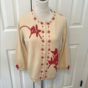 Cream and Red cashmete  Cardigan with beaded flower  Design